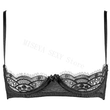 Load image into Gallery viewer, Women Embroidery Lace Ultra Thin Half Cup Bra Open Crotch Panty Sexy Lingerie Set with Garters Black Underwire Bralette Sets