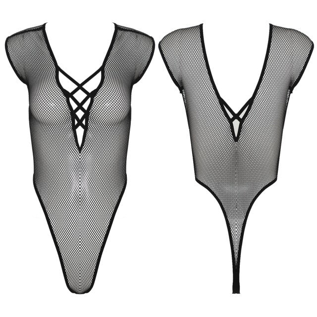 Women Erotic Lingerie Bodycon Jumpsuit See-through Hollow Out Fishnet Sleeveless Leotard Deep V Neck High Cut Bodysuit Nightwear