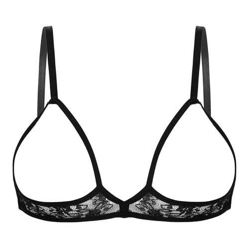 Women Erotic Lingerie Bras See Through Sheer Lace Adjustable Spaghetti Strap Wire-free Unlined Open Nipple Open Cups Bra Tops