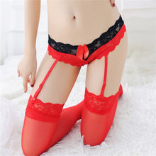 Load image into Gallery viewer, Women Erotic Lingerie Set Underwear Contrast Color Low Waist Sheer Lace Brief Panties Garter Belt with Thigh High Sexy Stockings
