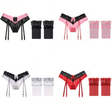 Load image into Gallery viewer, Women Erotic Lingerie Set Underwear Contrast Color Low Waist Sheer Lace Brief Panties Garter Belt with Thigh High Sexy Stockings