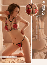 Load image into Gallery viewer, Women Erotica Sexy Lingerie Set Open Crotch Slutty Temptation Exotic Apparel Rose Embroidery Bra G-string Stripper Clothes