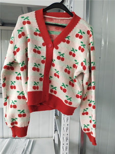Women Fashion Cherry Cardigan Clothes Vinage Knit Cropped V-Neck Sweaters Tops Loose Pull Femme Korean Fashion Sueter Mujer