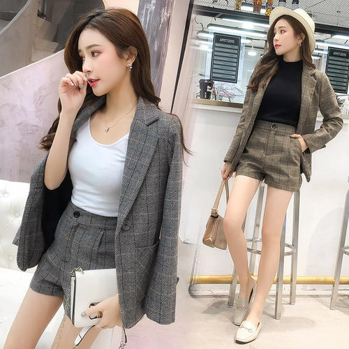 Women Fashion Plaid Two-Piece Suits Winter Korean Women's Casual Slim Jacket + Shorts OL Work Sets