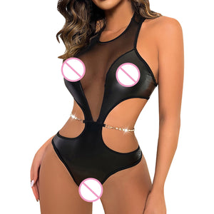 Women Fashion Sexy Patent Leather Sleepwear Lingerie Metal Ring Temptation Exotic Lingerie Bodysuits lenceria sensual mujer