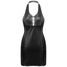 Load image into Gallery viewer, Women Faux PU Leather Mesh Patchwork Sexy Mini Dress Bandage Halter Hollow Out Black Bodycon Backless Party Dress Night Club
