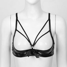 Load image into Gallery viewer, Women Female Lingerie Exotic Open Bras Sissy Sexy Leather Bowknot Nightwear Nipple Split Bralette Wire-free Unlined Bra Tops