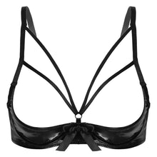 Load image into Gallery viewer, Women Female Lingerie Exotic Open Bras Sissy Sexy Leather Bowknot Nightwear Nipple Split Bralette Wire-free Unlined Bra Tops