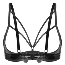 Load image into Gallery viewer, Women Female Lingerie Exotic Open Bras Sissy Sexy Leather Bowknot Nightwear Nipple Split Bralette Wire-free Unlined Bra Tops