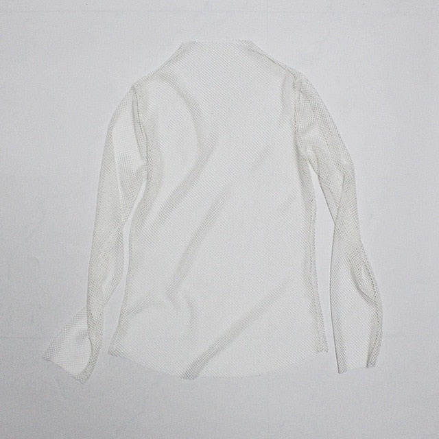 Women Fishnet Mesh See-through Black shirts Female Harajuku Sexy Long Sleeve Tee Tops