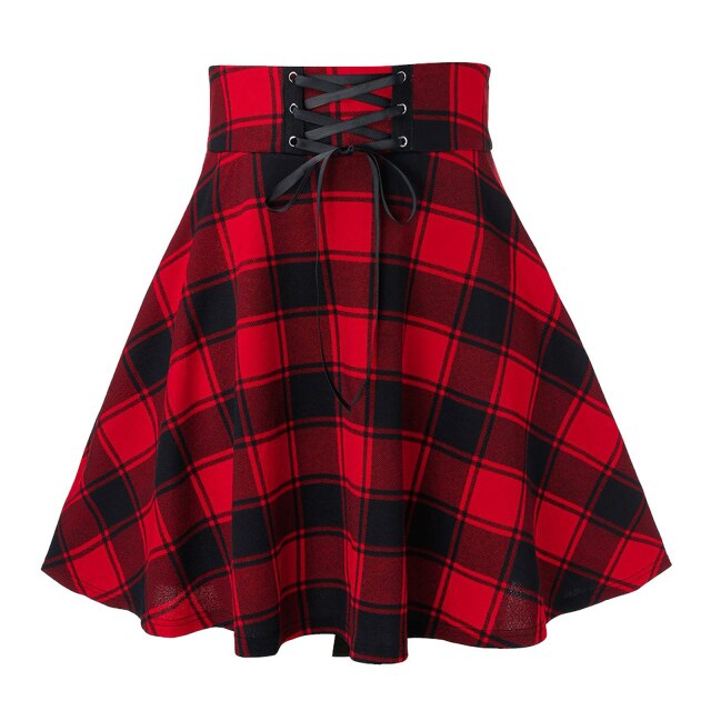 Women Flared Casual Midi Skirt Summer Plus Size High Waist  Lace-up Plaid Skirts School Girls Knee Length Bottoms Pleated Skirt