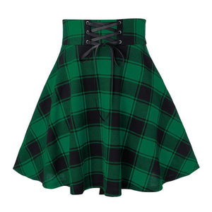Women Flared Casual Midi Skirt Summer Plus Size High Waist  Lace-up Plaid Skirts School Girls Knee Length Bottoms Pleated Skirt