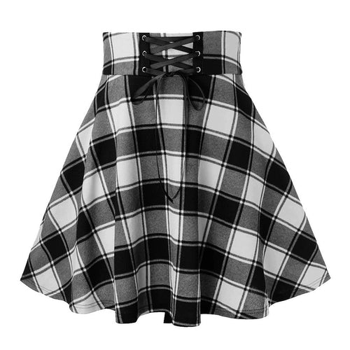 Women Flared Casual Midi Skirt Summer Plus Size High Waist  Lace-up Plaid Skirts School Girls Knee Length Bottoms Pleated Skirt