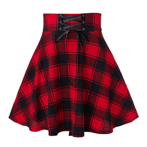 Women Flared Casual Midi Skirt Summer Plus Size High Waist  Lace-up Plaid Skirts School Girls Knee Length Bottoms Pleated Skirt