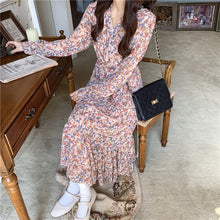 Load image into Gallery viewer, Women Floral Chiffon Dress Sexy V-Neck Bottoming Sweet Skirt Spring Autumn Fashion French Temperament Dresses Long-Sleeve Dress