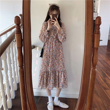 Load image into Gallery viewer, Women Floral Chiffon Dress Sexy V-Neck Bottoming Sweet Skirt Spring Autumn Fashion French Temperament Dresses Long-Sleeve Dress