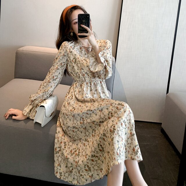 Women Floral Dress Fashion Korean Fairy Chiffon Long-Sleeve  Sexy V-Neck Dresses Fall Temperament Fashion Dress Long Skirt