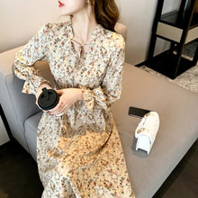 Load image into Gallery viewer, Women Floral Dress Fashion Korean Fairy Chiffon Long-Sleeve  Sexy V-Neck Dresses Fall Temperament Fashion Dress Long Skirt