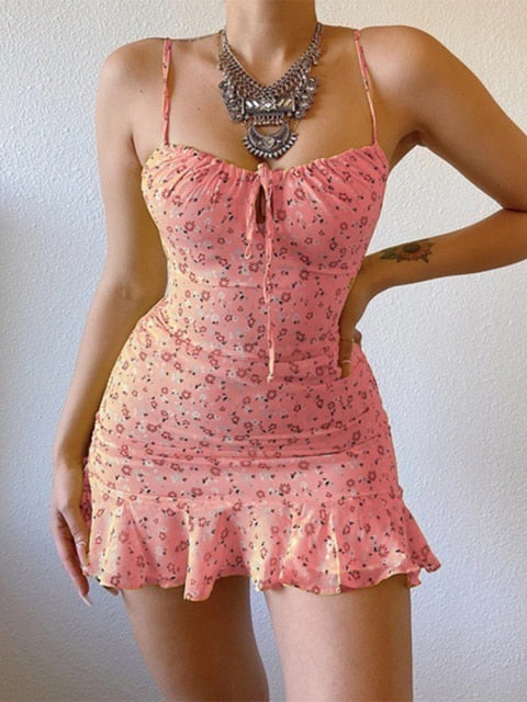 Women Floral Print Sweet Sling Dress Party Shopping Daily Wear Ladies Summer Fashion Sleeveless Sexy Square Collar Lace-up Dress