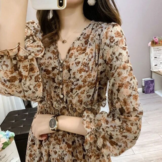 Women French Retro Floral Dress Gentle Chiffon Korean Retro Long Dress Sleeve Sexy V-Neck Thin Temperamen Autumn Midi Dress