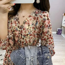 Load image into Gallery viewer, Women French Retro Floral Dress Gentle Chiffon Korean Retro Long Dress Sleeve Sexy V-Neck Thin Temperamen Autumn Midi Dress