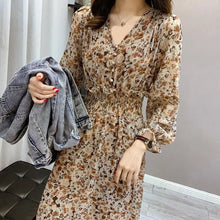 Load image into Gallery viewer, Women French Retro Floral Dress Gentle Chiffon Korean Retro Long Dress Sleeve Sexy V-Neck Thin Temperamen Autumn Midi Dress