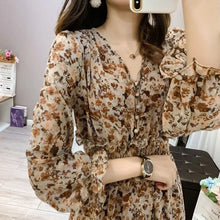 Load image into Gallery viewer, Women French Retro Floral Dress Gentle Chiffon Korean Retro Long Dress Sleeve Sexy V-Neck Thin Temperamen Autumn Midi Dress