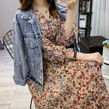 Load image into Gallery viewer, Women French Retro Floral Dress Gentle Chiffon Korean Retro Long Dress Sleeve Sexy V-Neck Thin Temperamen Autumn Midi Dress