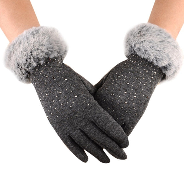Women Full Finger Gloves Faux Fur Thicken Winter Warm Touch Screen Mittens Female Sequin Cashmere Gloves Hand Warmer Outdoor