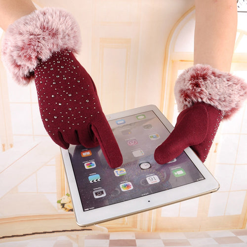 Women Full Finger Gloves Faux Fur Thicken Winter Warm Touch Screen Mittens Female Sequin Cashmere Gloves Hand Warmer Outdoor