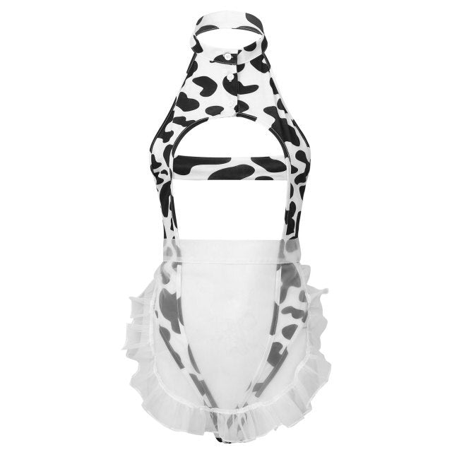 Women Girls Cow Print Japanese Maid Sex Cosplay Suit Erotic Outfit Backless High Cut Thong Lingerie Leotard Bodysuit Underwear