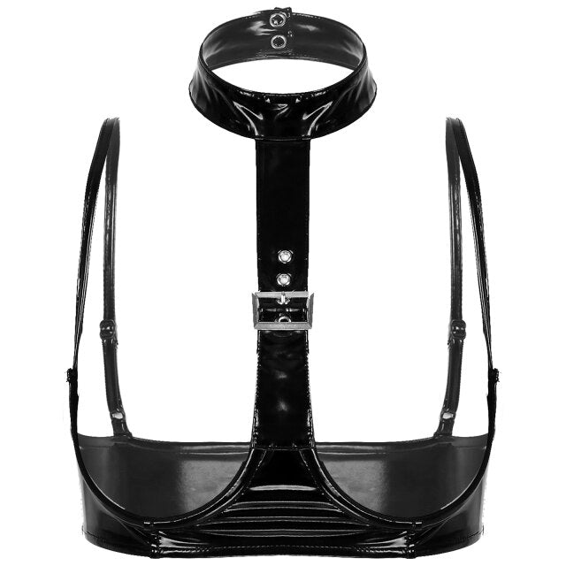 Women Halter Patent Leather Cropped Tank Top Lingerie Exotic Adjustable Straps Nightclub Open Cups Bra Push Up Underwire Bra Top