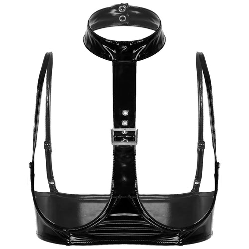 Women Halter Patent Leather Cropped Tank Top Lingerie Exotic Adjustable Straps Nightclub Open Cups Bra Push Up Underwire Bra Top