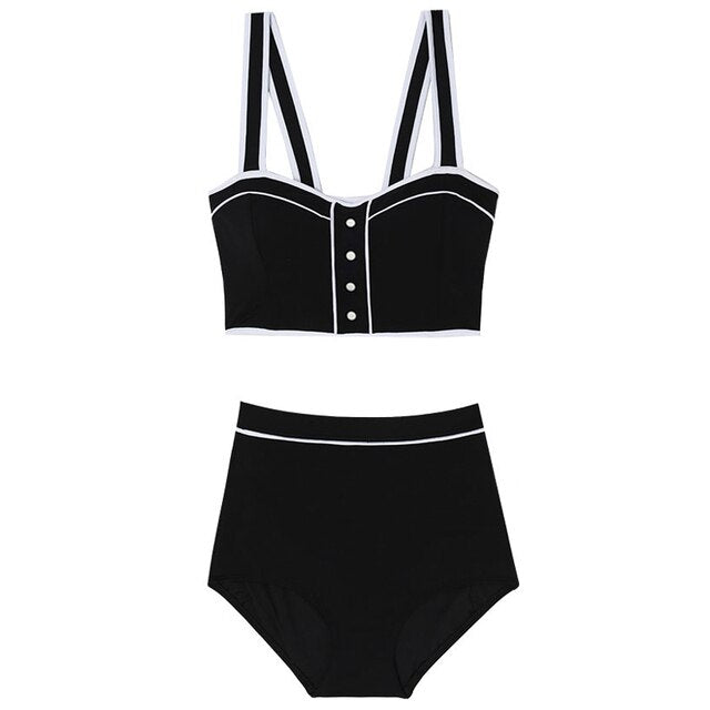 Women High Waist Bikini Set Push Up Swimwear Straps Biquinis Women Black Two Pieces Swimsuit Sexy Bathing Suit