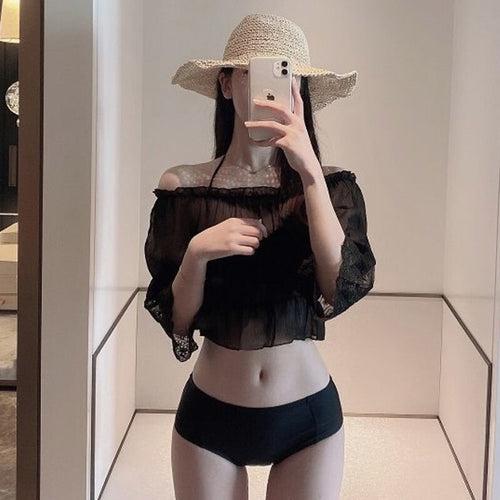 Women High Waist Bikini Set Push Up Swimwear Straps Biquinis Women Off Shoulder THREE Pieces Swimsuit Sexy Bathing Suit