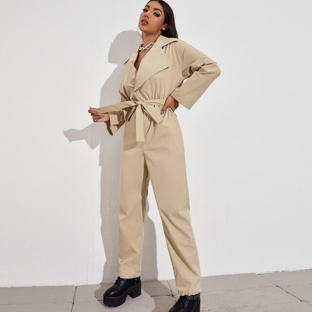 Women High Waist Slim Straight Tube Lace Up Jumpsuit with Belt Long Sleeve Casual Jumpsuit Women Elegance