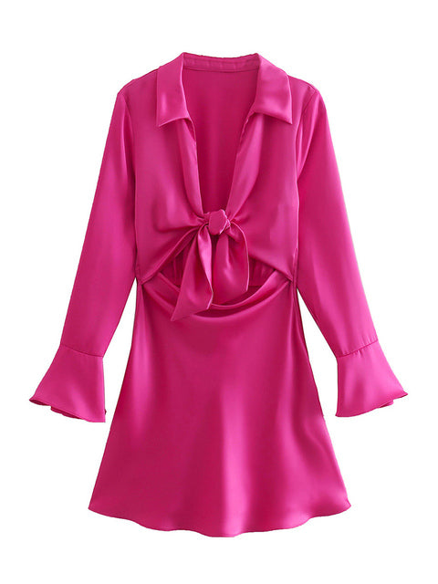 Women Hollow Out Bow Tie Satin Dress Female Fashion Casual Front Flare Sleeve Deep V Neck Mini Dress 2022 Summer Pink Dresses