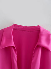 Load image into Gallery viewer, Women Hollow Out Bow Tie Satin Dress Female Fashion Casual Front Flare Sleeve Deep V Neck Mini Dress 2022 Summer Pink Dresses