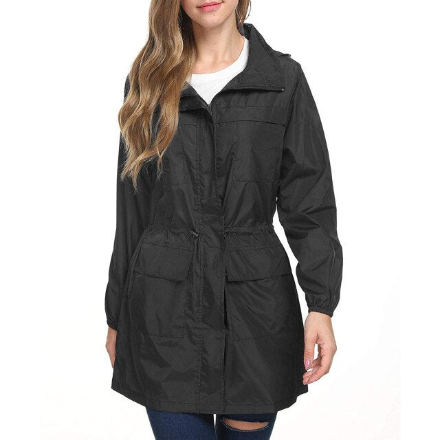 Women Hooded Jacket Oversize Waterproof Raincoat Elastic Waist Zip Trench Rain Coat Outerwear Rainwear Long Coats Autumn 2021