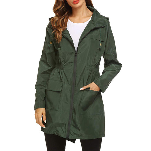 Women Hooded Jacket Oversize Waterproof Raincoat Elastic Waist Zip Trench Rain Coat Outerwear Rainwear Long Coats Autumn 2021