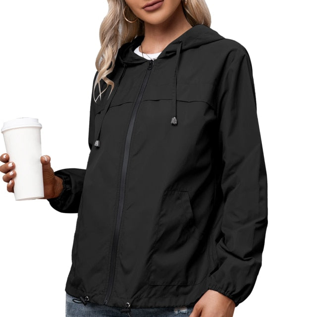 Women Hooded Jacket for Autumn 2021 Windbreaker Waterproof Pockets Zippered Outwear Raincoat Streetwear Winter Jackets Femme