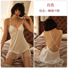 Load image into Gallery viewer, Women Ice Silk Backless Net Yarn Bowknot Nightgown Home Clothing Temptation Night Skirt Deep-V Lace Floral Nightwear Tracksuit