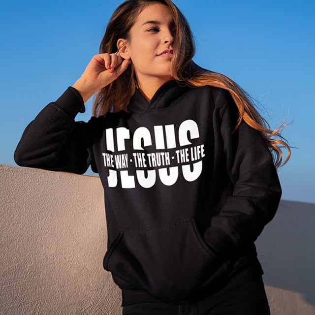 Women Inspiring Religious Christian Sweatshirts Autumn Letter Print Black Pullover Jesus The Way The Truth The Life Men Hoodies