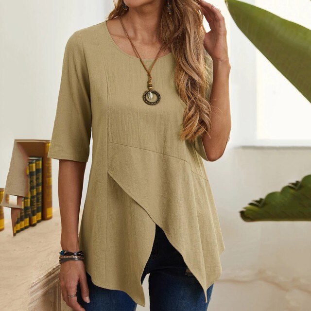 Women Irregular Blouse Shirt Casual Solid O-Neck Elegant Short Sleeve Pockets Top Blouse Plus Size Summer Daily Shirt Tunic