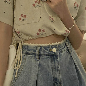 Women Jeans Trousers Lace Pleated Womens Clothes Casual Loose 2XL BF High Waist Fashion Korean Style New Vintage Female Wide Leg