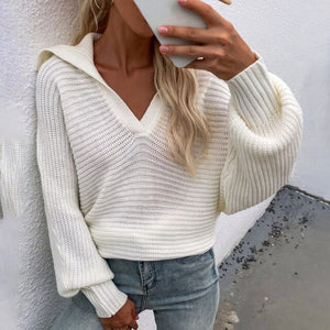Women Knit Sweater Long Sleeve Deep V-neck Fashion Ladies Lantern Sleeve Loose Tops Autumn Winter Sweaters Streetwear Pullovers