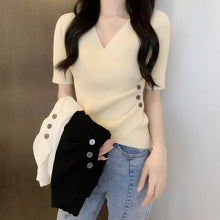 Load image into Gallery viewer, Women Knitted T Shirt 2021 Summer v-neck Short Sleeve T-shirts Thin pullover base shirt student Tee Shirt Black Women&#39;s T-shirt