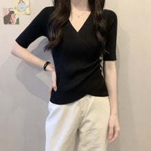 Load image into Gallery viewer, Women Knitted T Shirt 2021 Summer v-neck Short Sleeve T-shirts Thin pullover base shirt student Tee Shirt Black Women&#39;s T-shirt