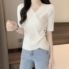 Load image into Gallery viewer, Women Knitted T Shirt 2021 Summer v-neck Short Sleeve T-shirts Thin pullover base shirt student Tee Shirt Black Women&#39;s T-shirt