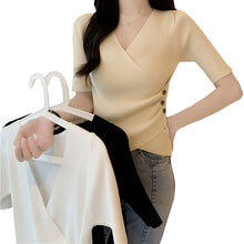 Load image into Gallery viewer, Women Knitted T Shirt 2021 Summer v-neck Short Sleeve T-shirts Thin pullover base shirt student Tee Shirt Black Women&#39;s T-shirt